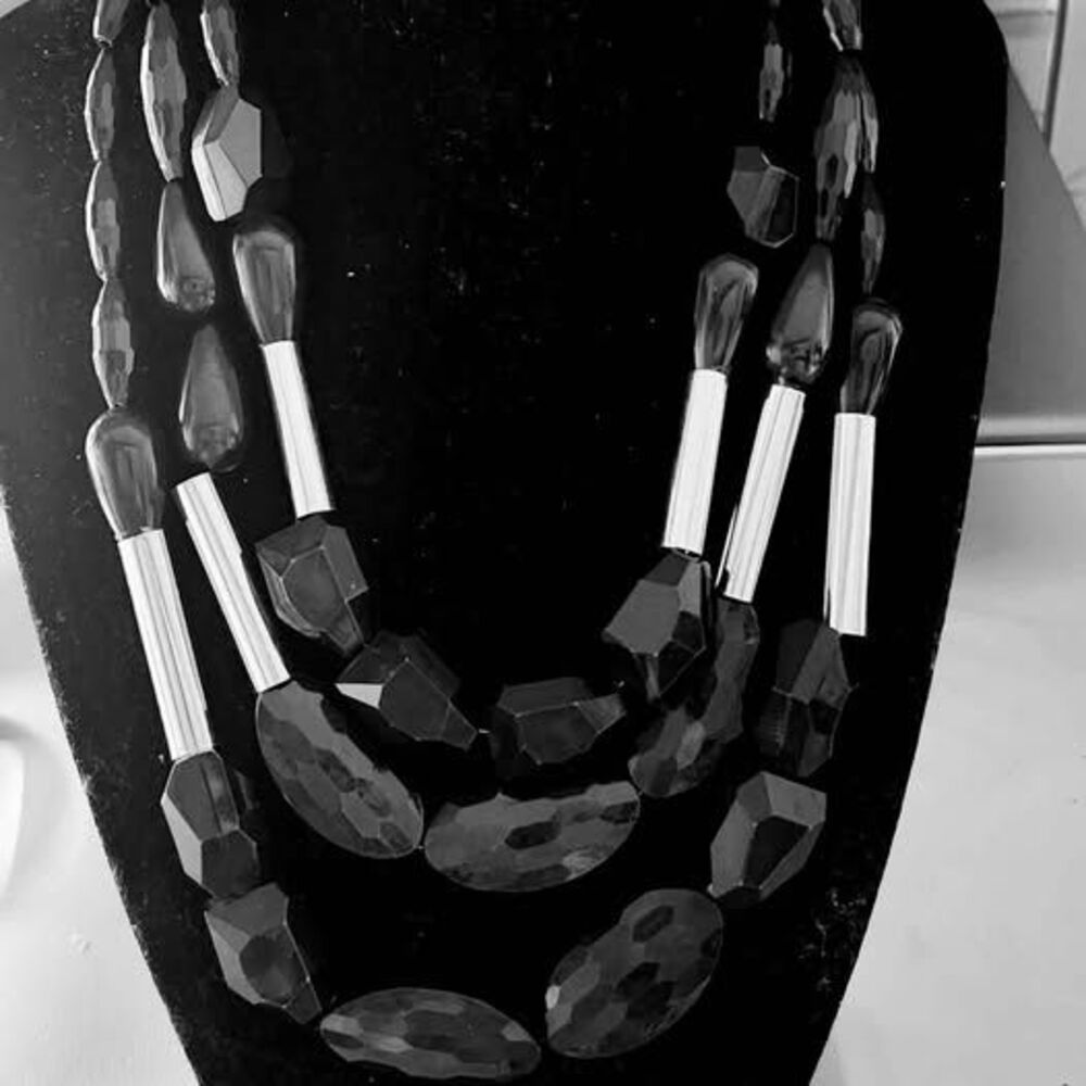 Black Vintage 3-Strand Faceted Bead Necklace with Silver Accents